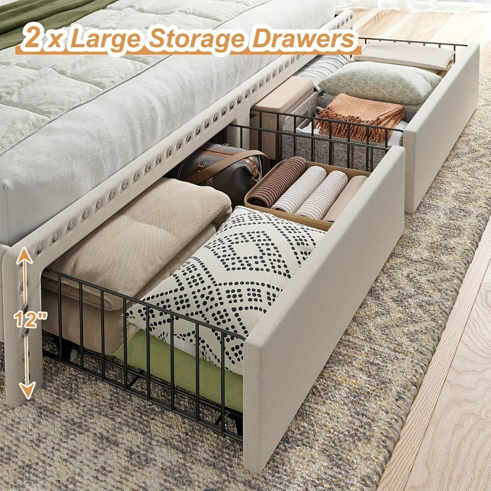 King Size Upholstered Bed Frame with Storage 2 Drawers 2-Tier Headboard Wood Slats No Box Spring Noise-Free Easy Assembly Modern Grey Beige