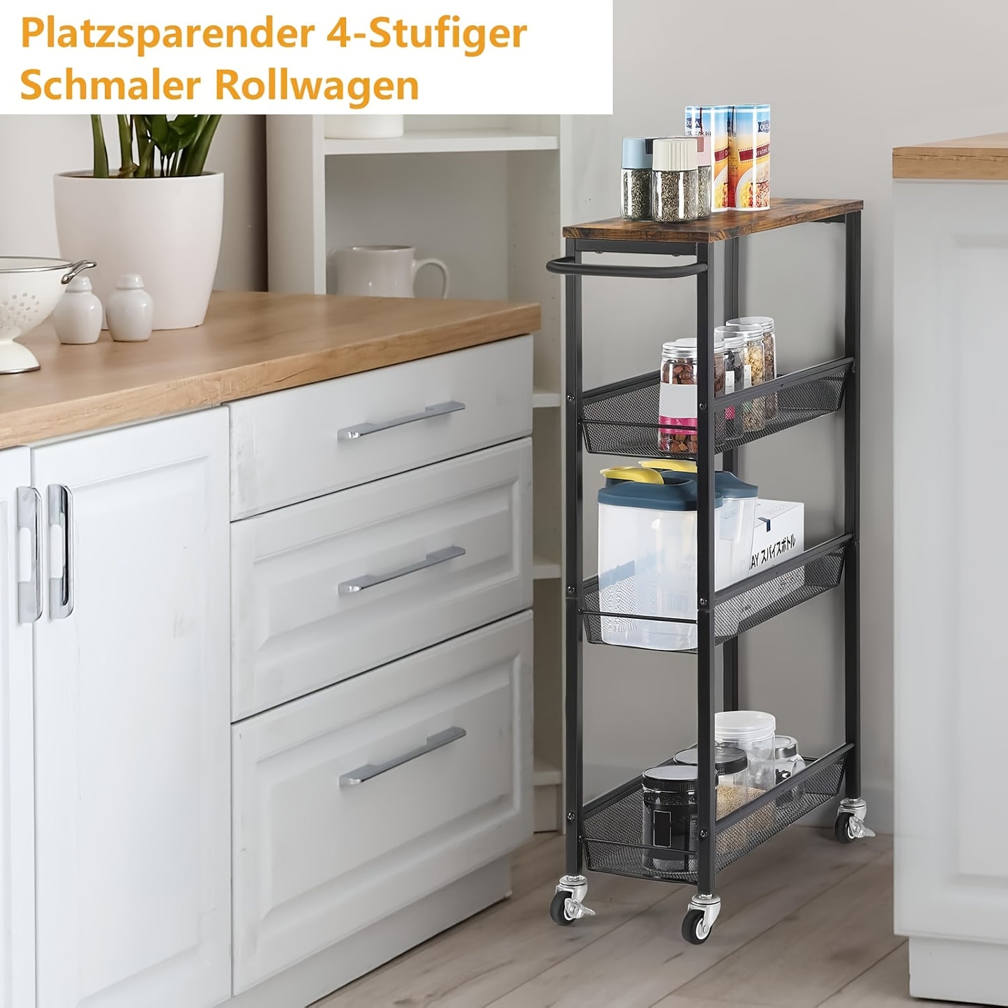 Slim Storage Cart, 4 Tier Rolling Kitchen Shelving Unit On Wheels Mobile Narrow Cart With Wooden Tabletop For Bathroom, Laundry Narrow Places, Brown