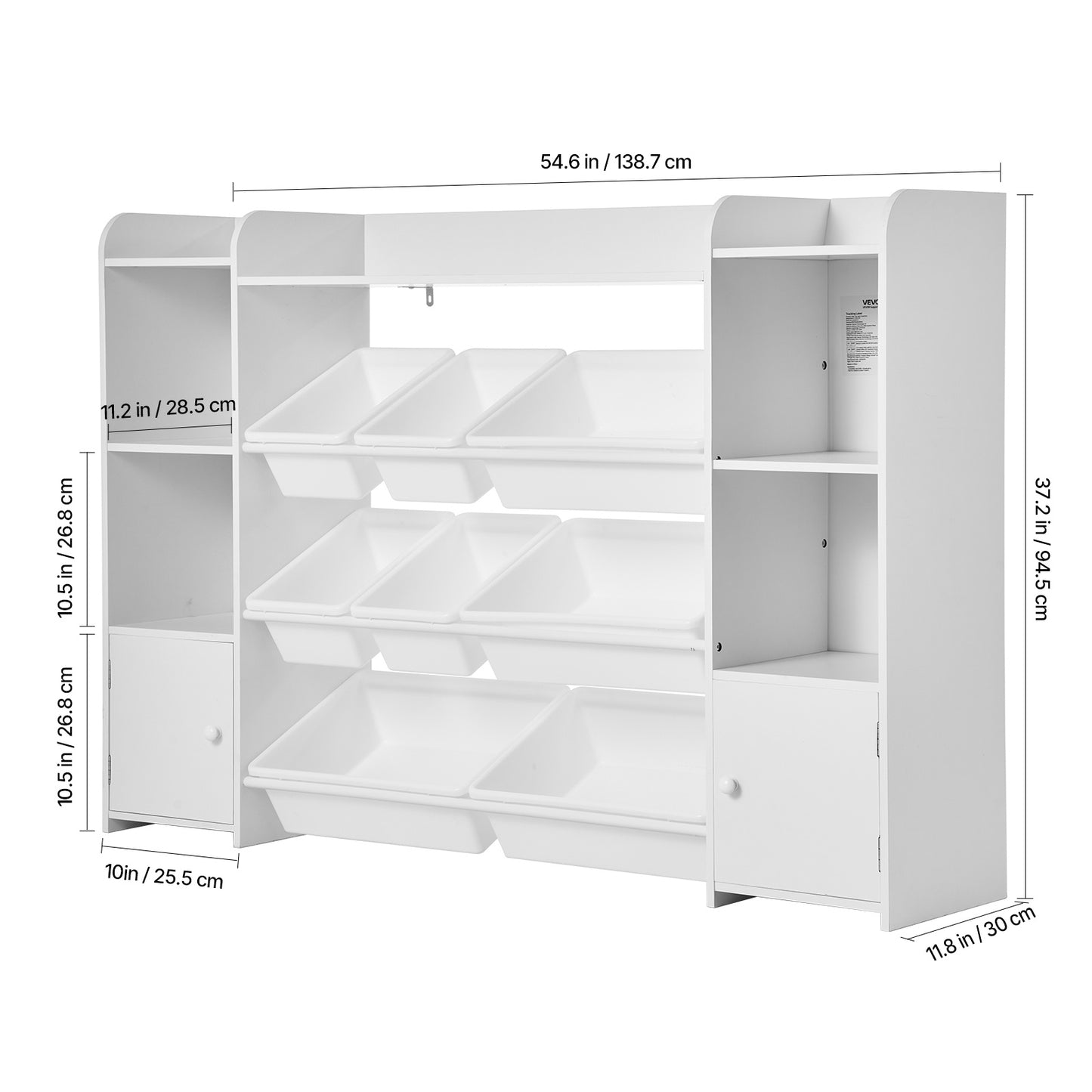 VEVOR 4-Tier Kids Toy Storage and Bookshelf with 8 Flexible Plastic Bins White 44-48inch/54-58inch