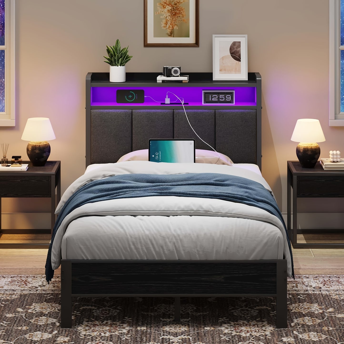 Bed Frame with Storage Headboard LED Lights and Charging Station Twin Full Queen King Heavy Duty Metal Slatted Base No Box Spring White Grey Cream