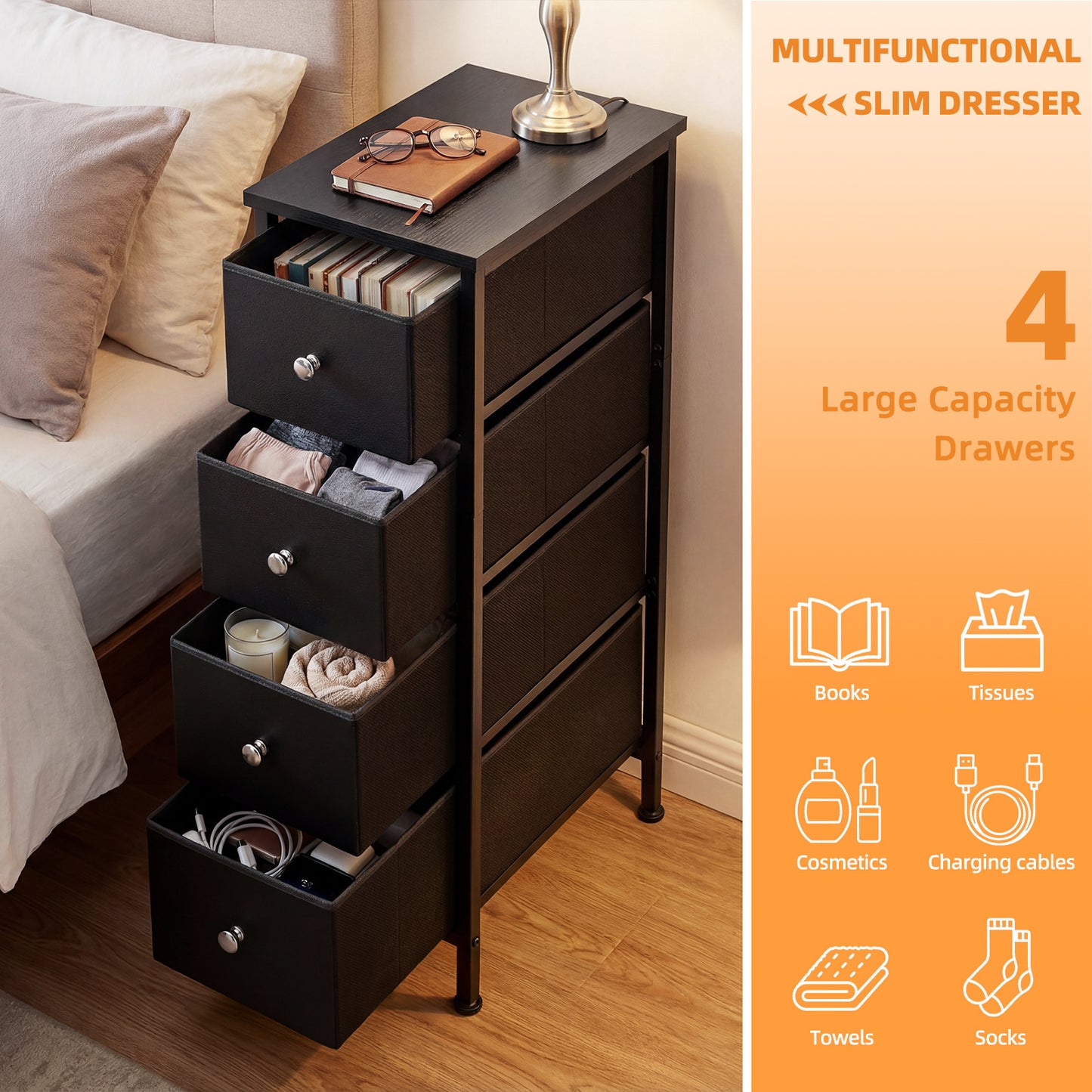 WHONLINE 4-Tier Tall Narrow Storage Cabinet, 29.5*16.5*9.5in, Slim Bathroom Organizer, Storage Cabinet for Small Space, Bathroom, Kitchen, Bathroom Organization, Kitchen Organization, Slim Design, Compact Storage, Easy to install