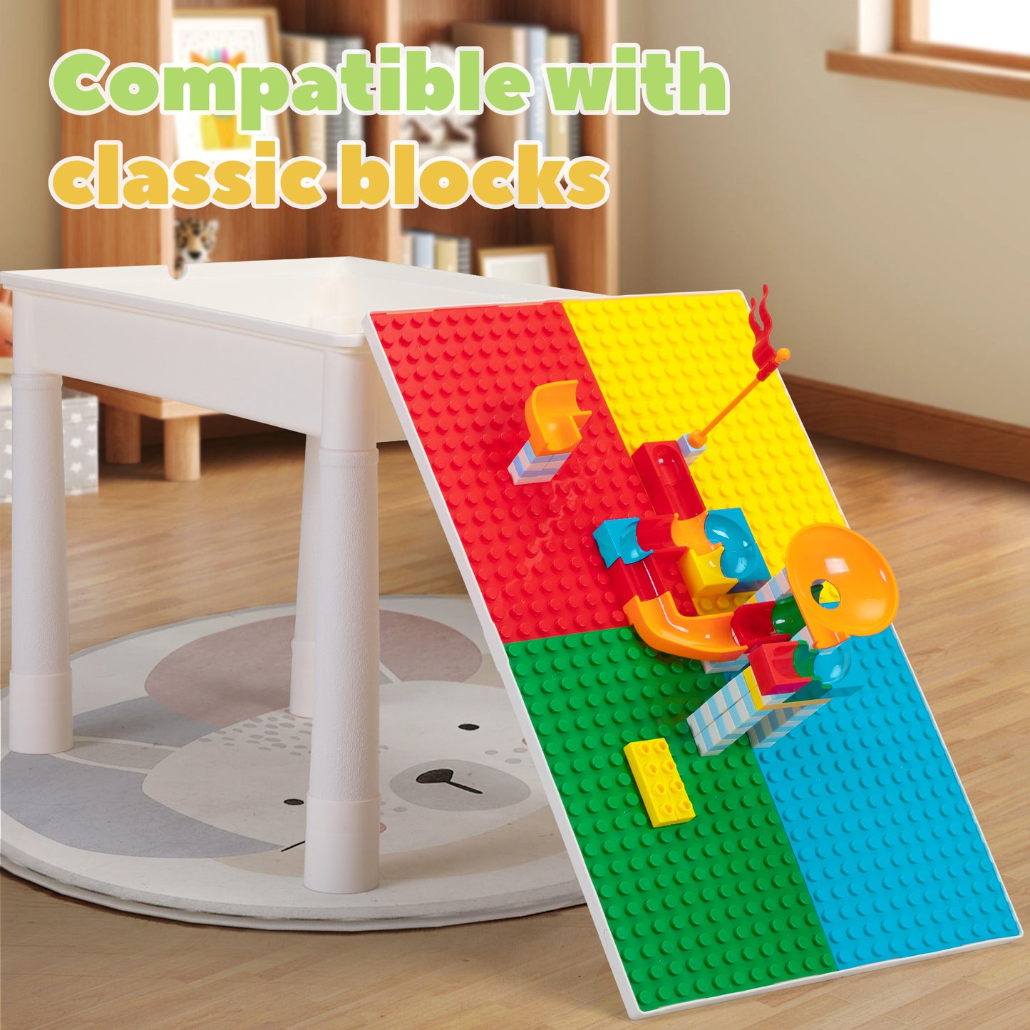 Kid Activity Table Set with 2 Chairs and 100Pcs Large Size Blocks, Compatible with Classic Blocks, Toddler Water Sand Table, Building Block Table for Boys Girls