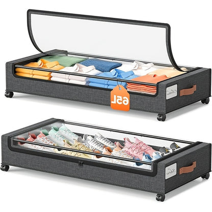 Wheeled Under Bed Storage Box with Metal Drawer – 1 or 2 Pack Rolling Under-Bed Organizer for Clothes, Shoes, Blankets, Bedding & Books | Space-Saving Bedroom Storage Solution