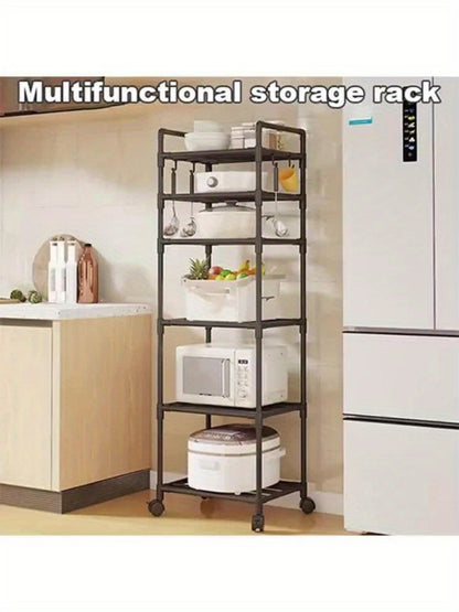 6-Tier Adjustable Metal Storage Rack with Wheels and Hooks - Corner Shelving Unit for Kitchen Bathroom and Garage Organization