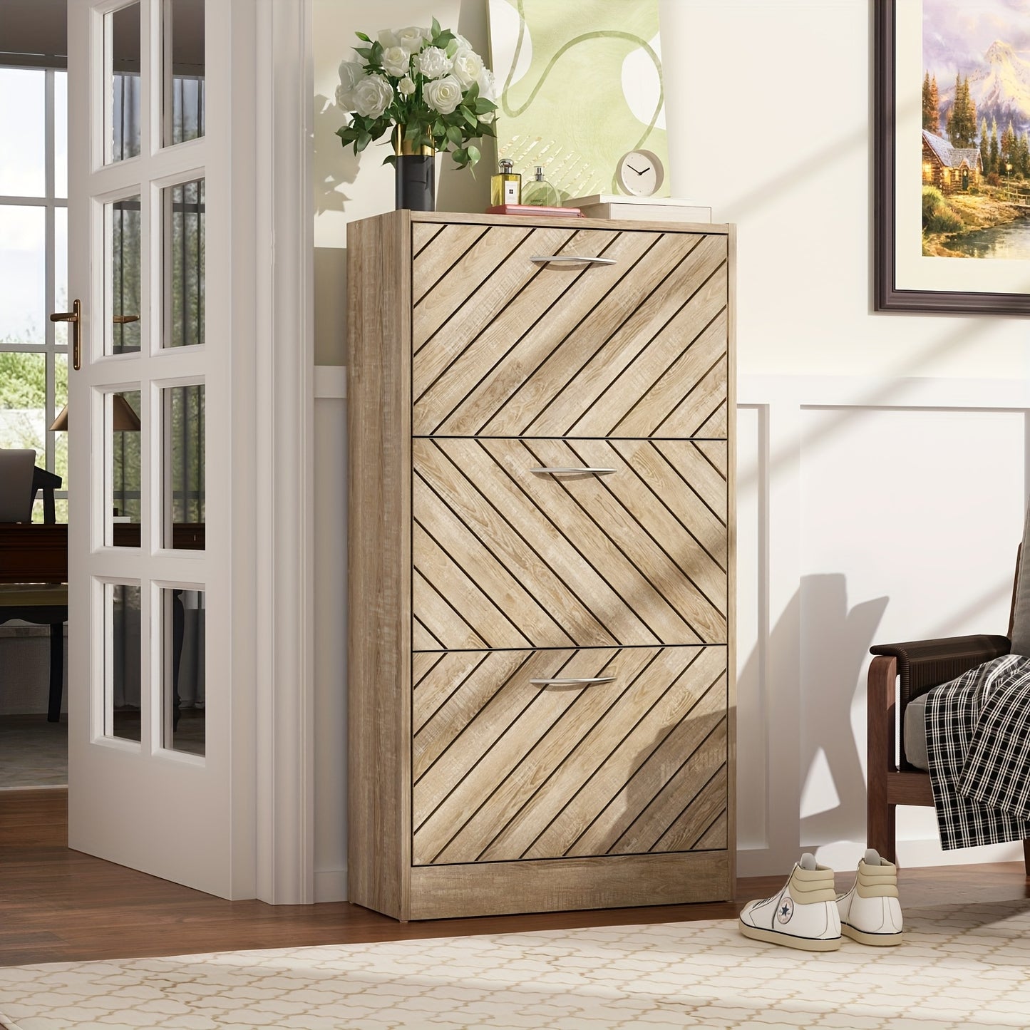 Modern Shoe Cabinet with 3 Flip Drawers, Shoe Storage Organizer with Louver Doors, Shoe Storage Up to 18 Pairs, for Living Room, Enterway, Hallway