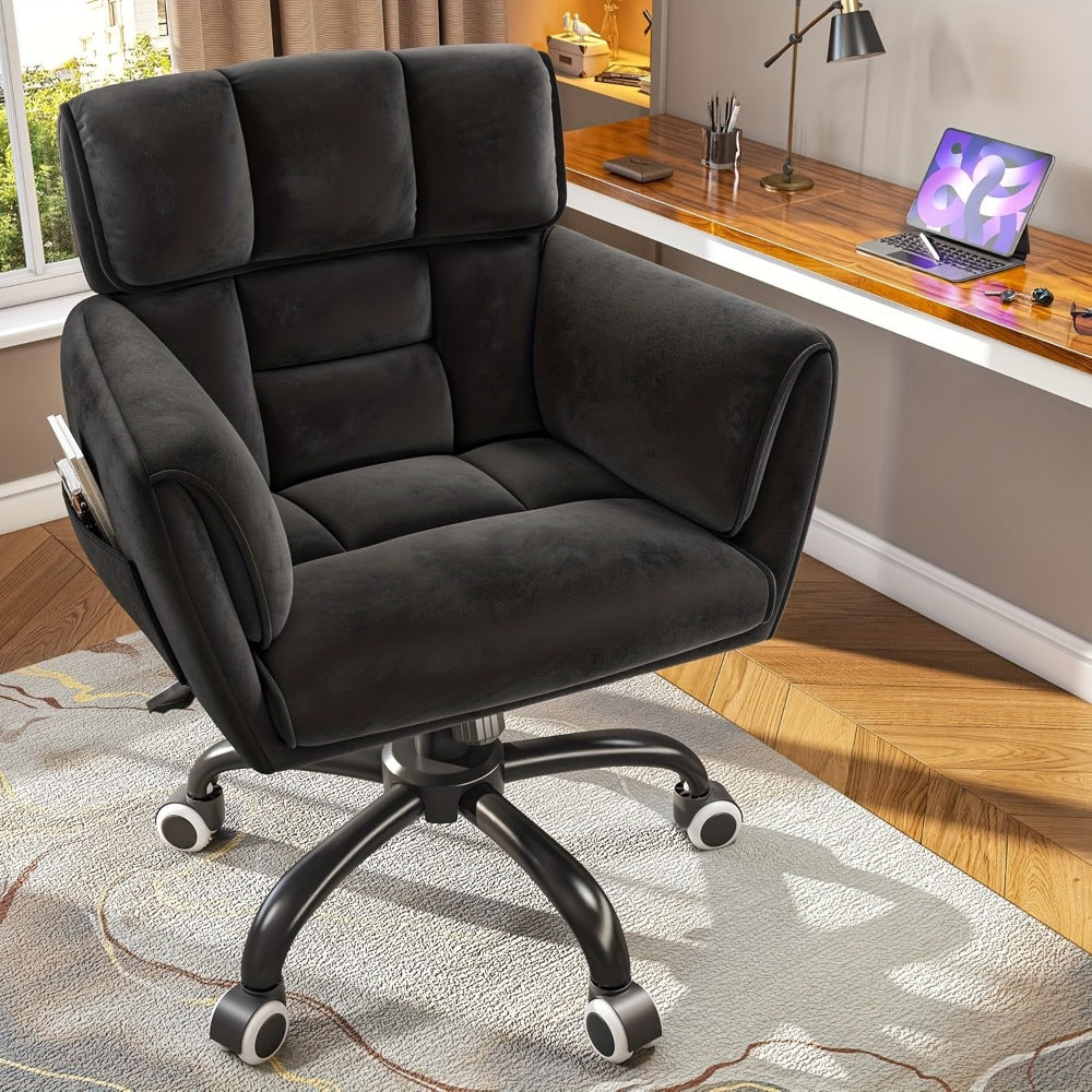 Vanity Chair for Bedroom with Mid-Back, Side Pockets & Wheels – Soft Upholstered Adjustable Height Swivel Desk Chair, Skin-Friendly Fluffy Fabric, White, Cream, Grey, Pink, Black