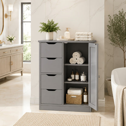 JAMFLY Wooden Bathroom Floor Cabinet, Side Storage Organizer Cabinet with 4 Drawers And 1 Cupboard, Freestanding Entryway Storage Unit Console Table, Home Decor Furniture
