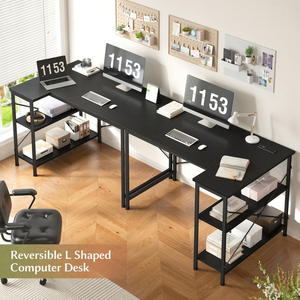 L-Shaped Computer Desk with Power Outlets and Storage Shelves, Corner Gaming Desk for Home Office Bedroom Dorm, Wood Metal Writing Study Desk with Monitor Stand in 3 Colors 4 Sizes