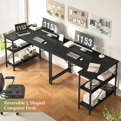 L-Shaped Computer Desk with Power Outlets and Storage Shelves, Corner Gaming Desk for Home Office Bedroom Dorm, Wood Metal Writing Study Desk with Monitor Stand in 3 Colors 4 Sizes