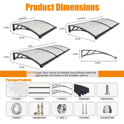Awnings for Windows Doors with Large Gutters Rain Sun And UV Protection Patio Cover Eazy Installation, Suitable for Windows, Doors And Garage Roofs Outdoor Hollow Sheet Transparent Polycarbonate Panels Black ABS Brackets 32/40/60/80/120in