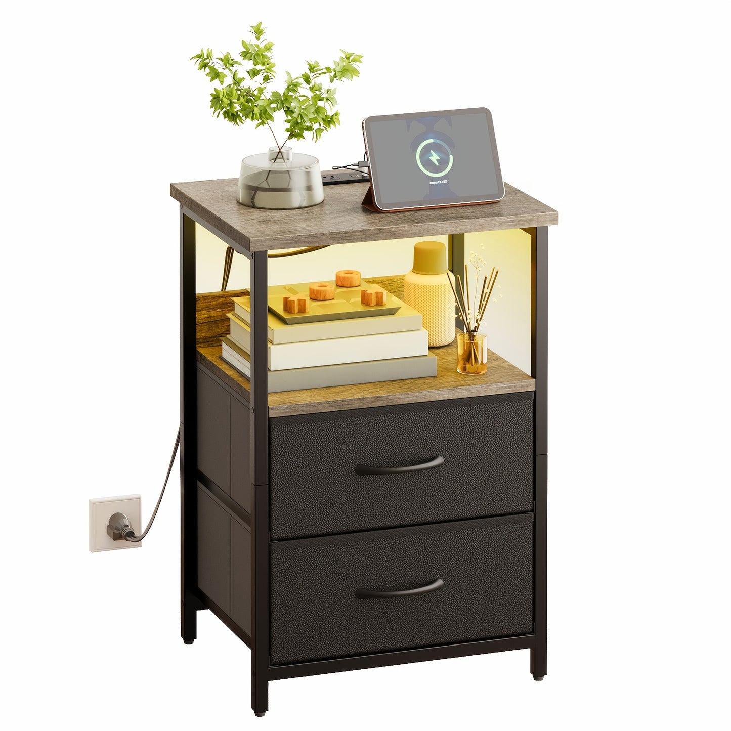 [Halloween Christmas] TOMNK Night Stand With Charging Station Set Of 1/2, Dresser For Bedroom With LED Light, Side Table With USB Port, 3/4 Fabric Drawers With PU End, For Small Spaces, Closet, School And Dormitory Storage, Entryway, For Halloween And Chr