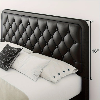 Platform Bed Frame with Button-Tufted Headboard – Black Faux Leather or Dark Grey Linen, 12-Inch Under Bed Storage, Full Queen