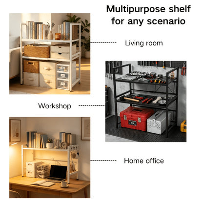 Space-Saving Adjustable Microwave Shelf, Multi-Functional Kitchen Counter Shelf. Thickened Metal, Strong Load Capacity. Easy Assembly, Available In Single Or Double Layer. Adjustable From 16 -24in. Suitable for Microwave, Cookware, And Spice Storage