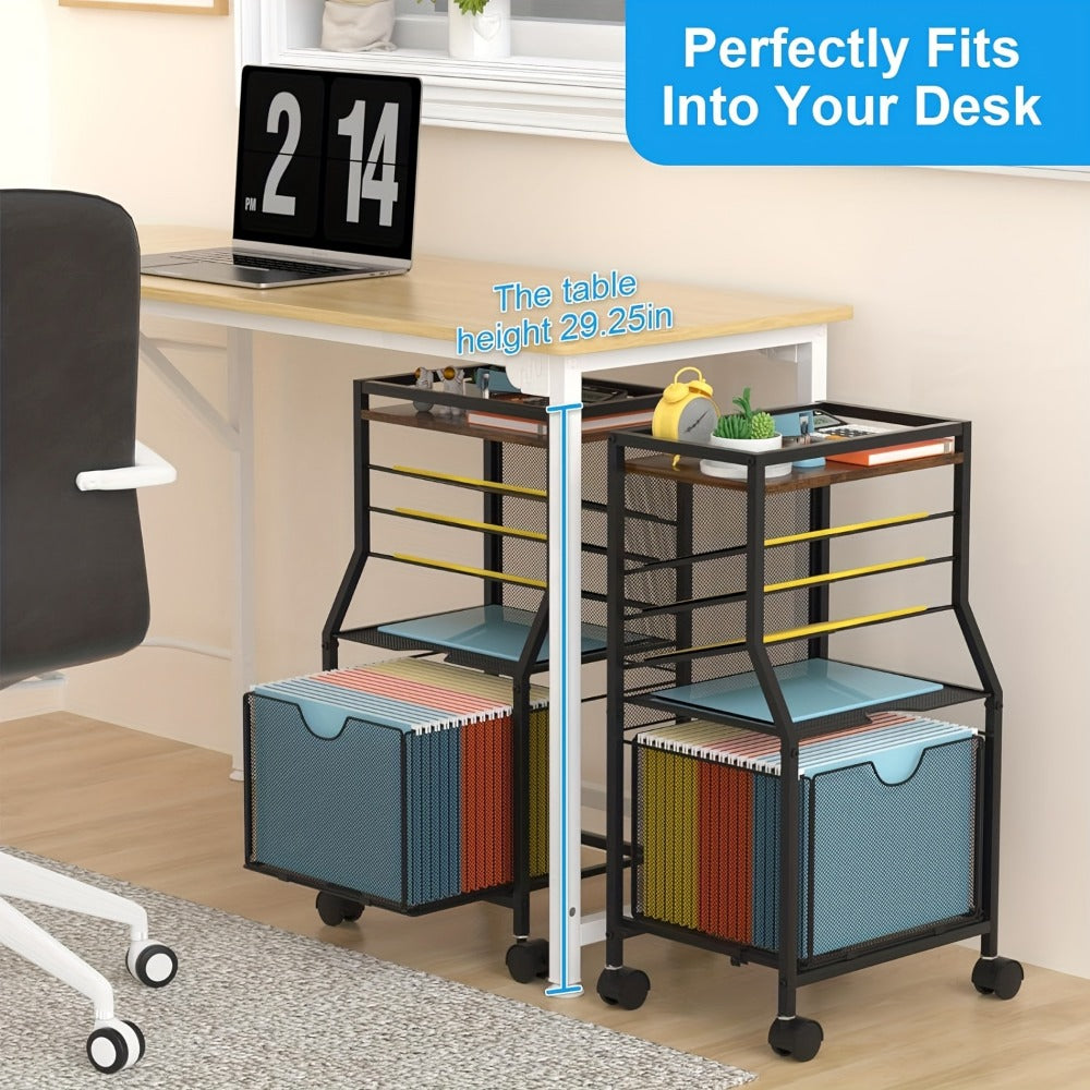 Rolling File Cart with Drawer for Hanging File Folders – Under Desk Office Cart with Paper Trays, Wood & Mesh 3-in-1 File Organizer, 14.8"L x 11.8"D x 27.7"H