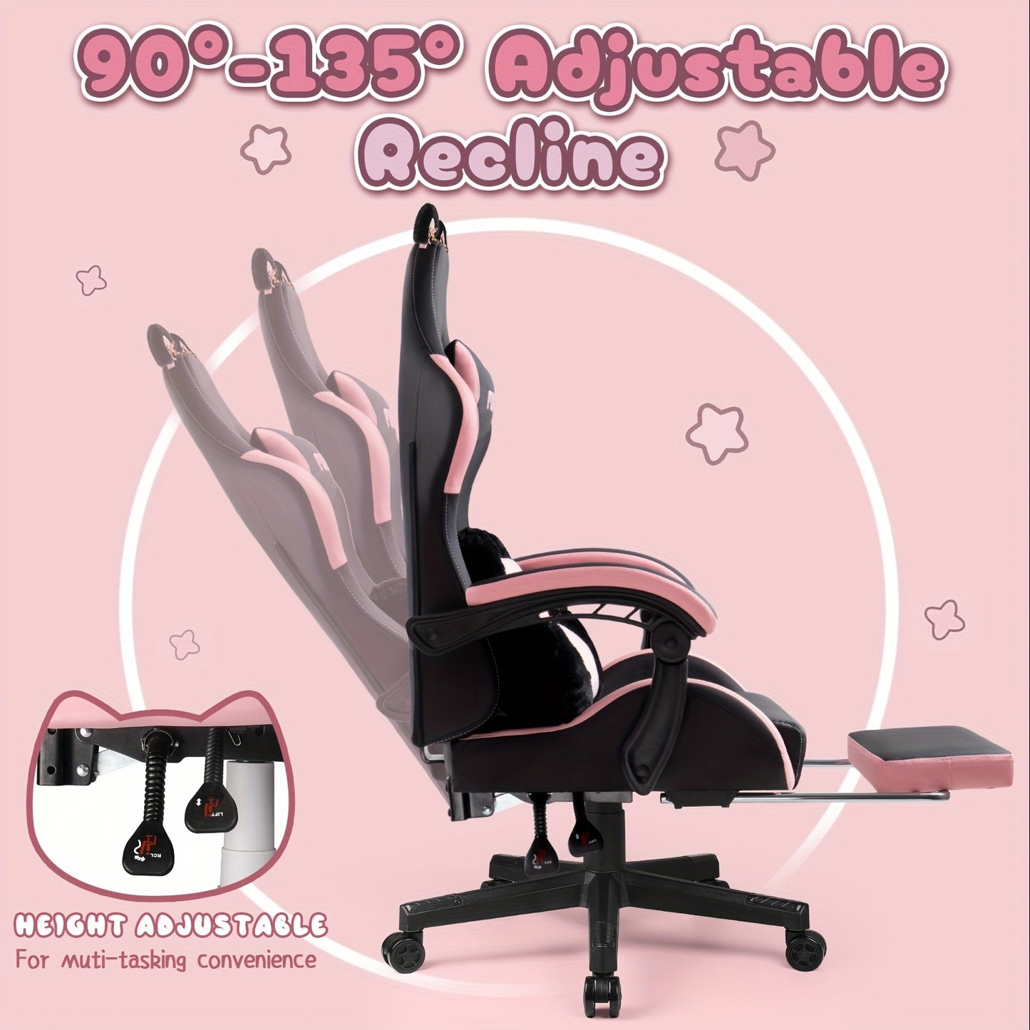 Gaming Chair with Cat Ears, Cute Computer Chair for Girl with Footrest, Ergonomic Gamer Chair, Kawaii Gaming Chair, Reclining Game Chair with Lumbar Support for Adult, Teen