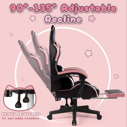 Gaming Chair with Cat Ears, Cute Computer Chair for Girl with Footrest, Ergonomic Gamer Chair, Kawaii Gaming Chair, Reclining Game Chair with Lumbar Support for Adult, Teen