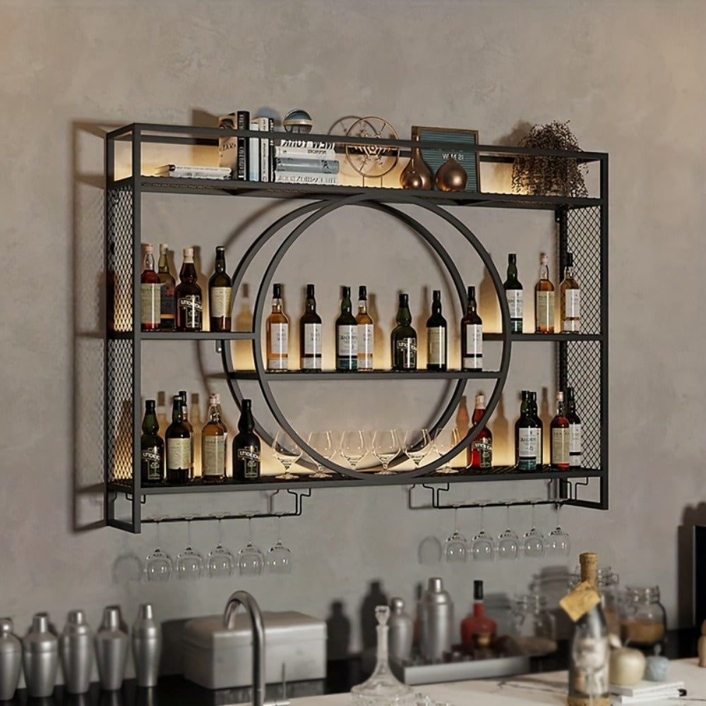 Wall Mounted Wine Rack with LED Lighting, 3-Tier Floating Bottle & Glass Holder Shelf, Iron Beverage Display Rack for Kitchen Living Room Bar, Gold & Black, 3 Sizes
