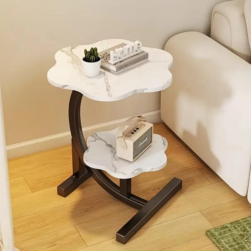 Double-layer petal-shaped side table with metal frame, multi-purpose portable coffee table suitable for sofa end in living room, fiberboard structure, applicable to various models
