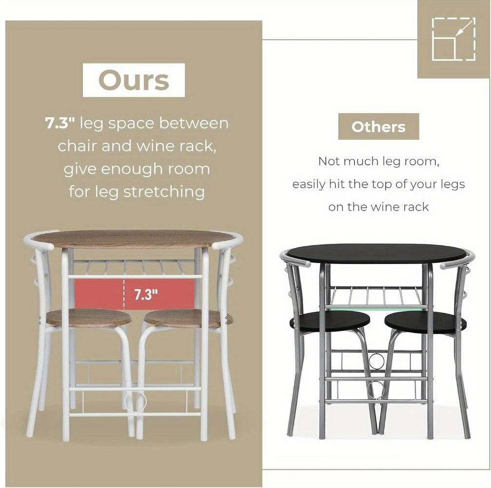3 Piece Dining Table Set for 2 Small Kitchen Table and 2 Chairs with Wine Rack Metal Frame for Dining Room Apartment Living Room Small Space