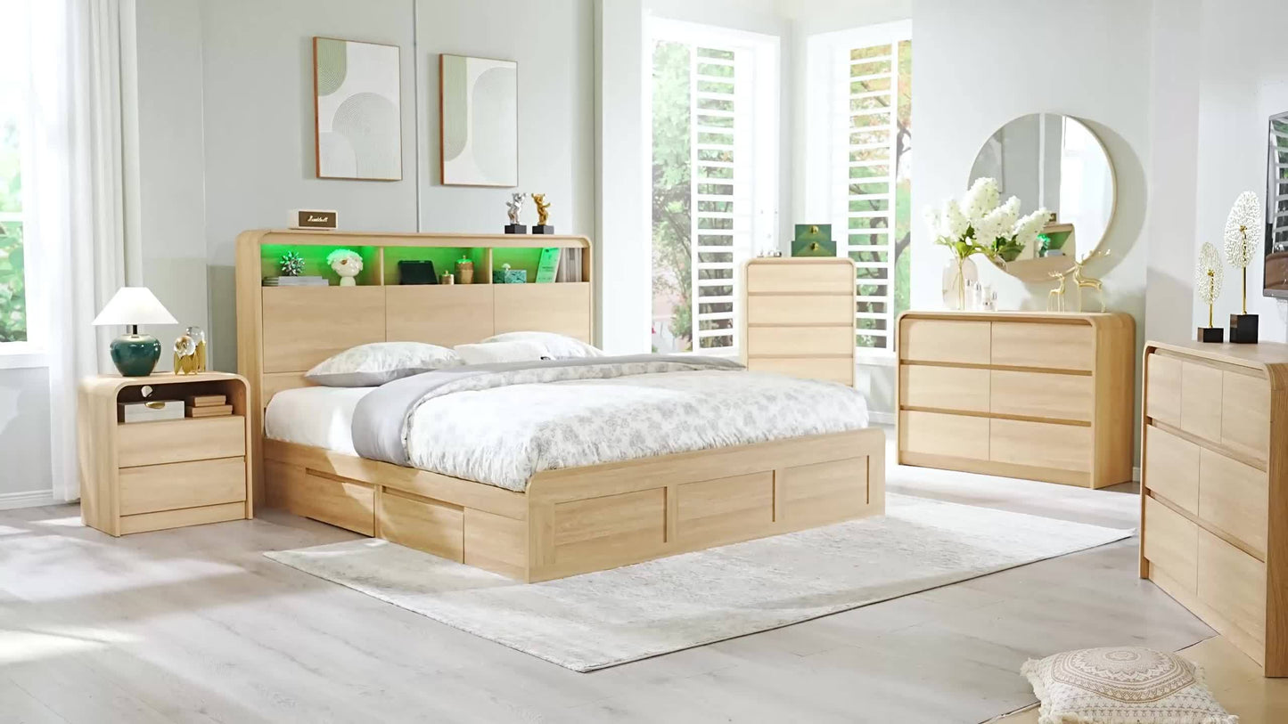 25" Tall Modern Nightstand with Charging Station, Wood Bedside Table with 2 Storage Drawers, Large Mid Century End Table for Bedroom, Living Room, Curved Profile Design