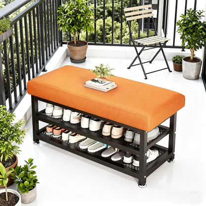 [Soft Cushion Shoe Stool] Modern Shoe Changing Stool with Soft Cushion- Multi Compartment Shoe Storage Organizer, Space Saving Metal Frame Shoe Rack for Bedroom or Foyer, Easy to Install Entrance Passage Storage