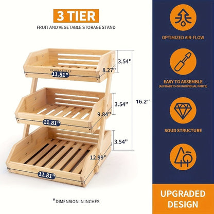 3-Layer Bamboo Fruit Basket Rack - Large Capacity Kitchen Storage Rack, Open Striped Design for Ventilation And Air Circulation, Natural Wooden Countertop Storage Rack, Suitable for Vegetables, Bread And Fresh Ingredients - Easy to Assemble, Durable