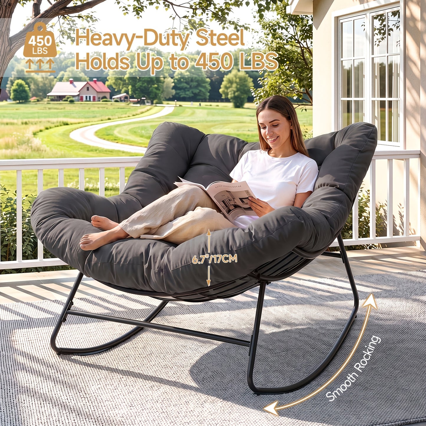 Outdoor Papasan Rocking Chair, 450 Lbs Oversized Comfy Patio Chair with Thickened Cushion, Egg Rocking Chairs, Rocker Chairs for Patio Porch Garden