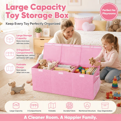 Extra Large Collapsible Storage Bin- Sturdy Organizer with Mesh Pockets, 40"x14"x16"- Pink Foldable Box Storage for Girls Storage Box for Home& Play Spaces