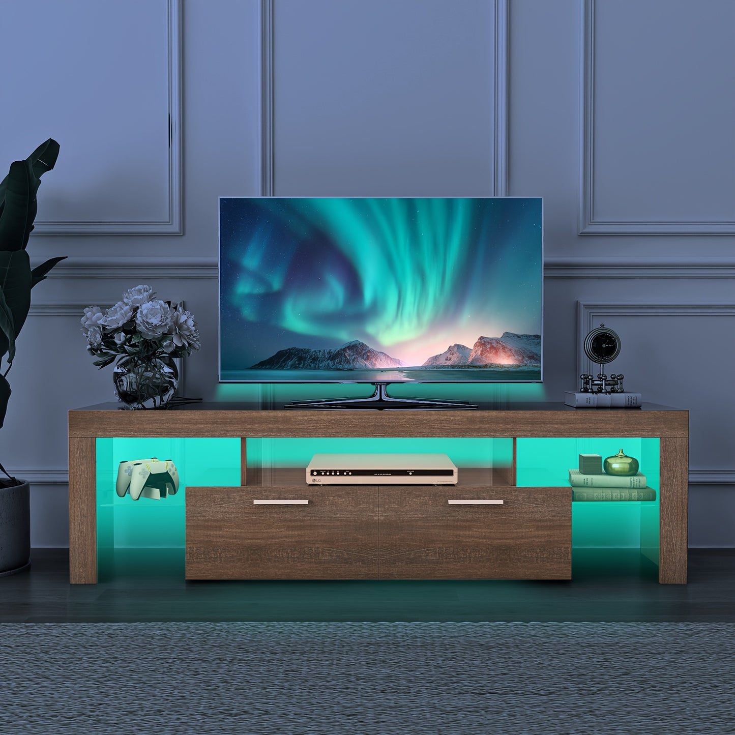 Contemporary LED TV Stand with Storage Drawers, High Gloss Media Console Table for TVs up to 80 Inch, Entertainment Center for Living Room Game Room Bedroom, 51" 63" 71" Sizes Black White Brown