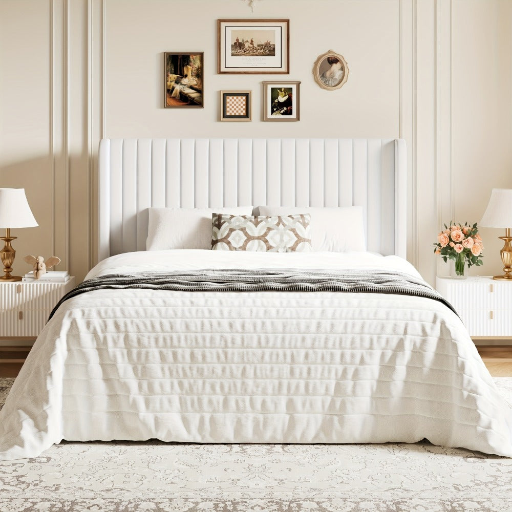 Velvet Wingback Platform Bed Frame with Channel Tufted Headboard – Wooden Slats, No Box Spring Needed, Heavy Duty, Full Queen King, 7 Colors