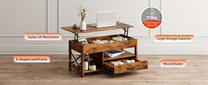 Adjustable Lift Top Coffee Table with Storage Drawers & Hidden Compartment - Modern Lift-Top Mechanism, Lift-Top Table Suitable for Living Room, Reception Room, Assembly Required, Wood/HDF, Space-Saving
