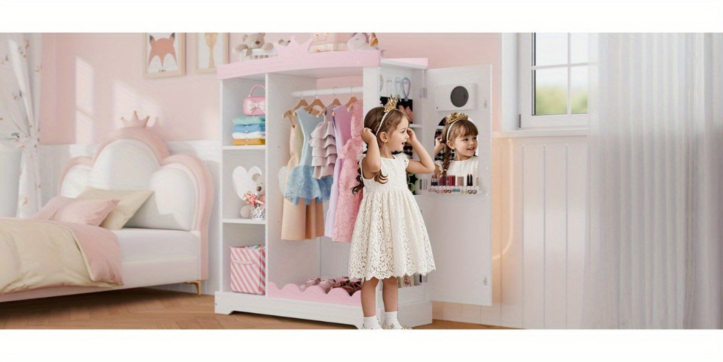 Kids Armoire with Jewelry Cabinet, Dress up Storage with Mirror and Shelves, Princess Dress Closet and Costumes Wardrobe Closet, Costume Organizer for Bedroom, Kids Room, Girls