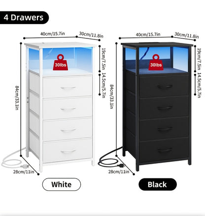 [Halloween Christmas] TOMNK Night Stand With Charging Station Set Of 1/2, Dresser For Bedroom With LED Light, Side Table With USB Port, 3/4 Fabric Drawers With PU End, For Small Spaces, Closet, School And Dormitory Storage, Entryway, For Halloween And Chr