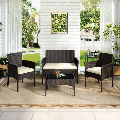 Costoffs Patio Furniture Set 4 Pieces Conversation Sets, Rattan Chair Wicker Set Loveseat with Soft Cushion and Glass Table Halloween Patio Furniture for Backyard Porch Garden Poolside Balcony