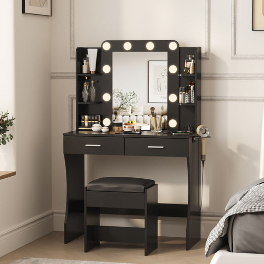 [LED Vanity Desk] Vanity Desk With LED Lighted Mirror & 10+ Strip, 6-Drawer Makeup Dressing Table With Stool Suitable For Bedroom,, Plug-And-Play Assembly, Modern For Room, Dorm, Beauty Salon