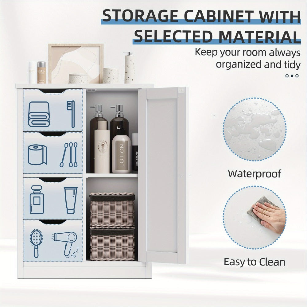 JAMFLY Wooden Bathroom Floor Cabinet, Side Storage Organizer Cabinet with 4 Drawers And 1 Cupboard, Freestanding Entryway Storage Unit Console Table, Home Decor Furniture
