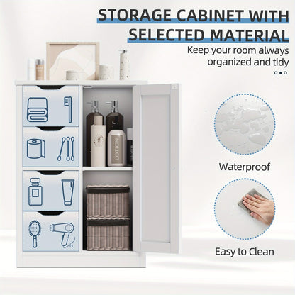 JAMFLY Wooden Bathroom Floor Cabinet, Side Storage Organizer Cabinet with 4 Drawers And 1 Cupboard, Freestanding Entryway Storage Unit Console Table, Home Decor Furniture