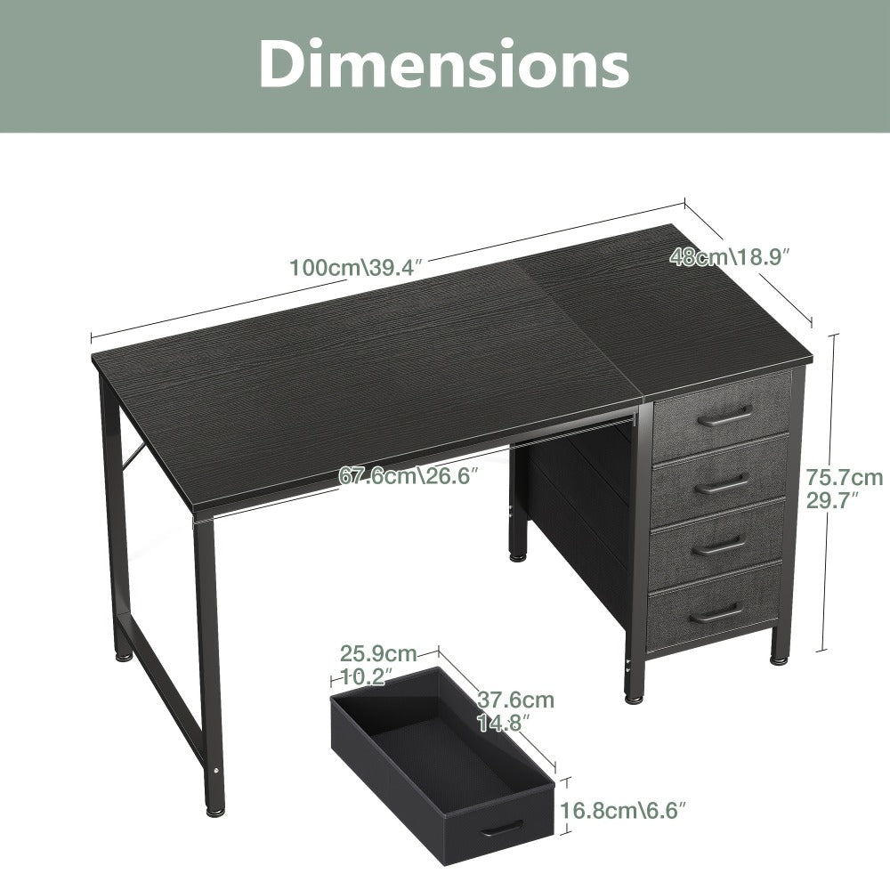 40" Small Desk with 4 Fabric Drawers – Reversible Study Table for Students, Compact Work Desk for Bedroom, Dorm & Small Spaces, White or Black