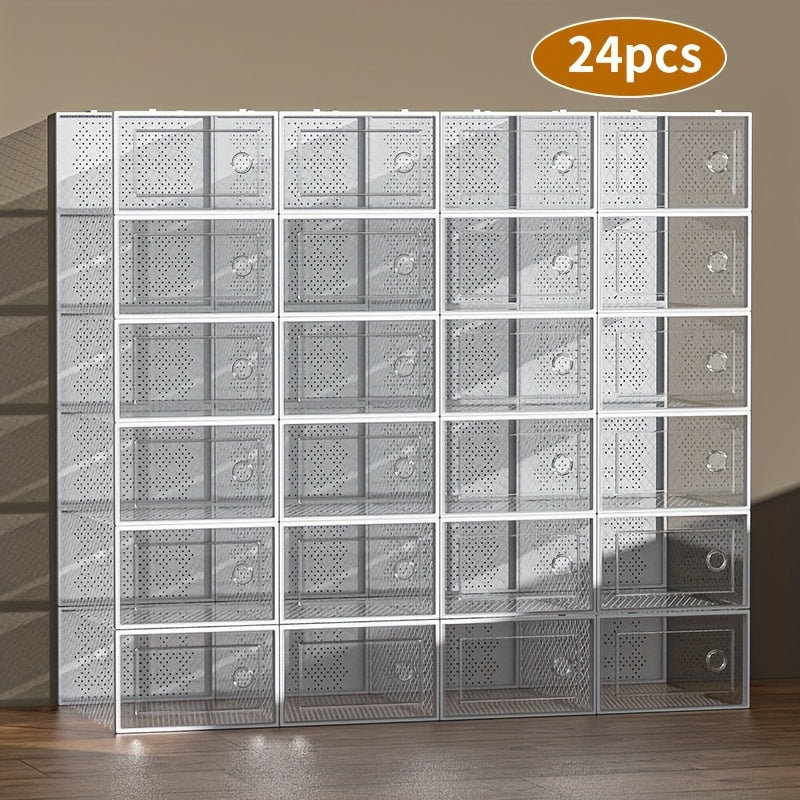 6/12/24 Pack Large Shoe Storage Organizer for Closet, Modular Space Saving Shoe Boxes Clear Plastic Stackable Containers Display Case Bins with Lids, Shoe Rack for Sneaker Storage, White And Black Soceer Shoes