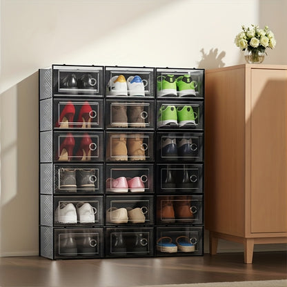 6/12/24 Pack Large Shoe Storage Organizer for Closet, Modular Space Saving Shoe Boxes Clear Plastic Stackable Containers Display Case Bins with Lids, Shoe Rack for Sneaker Storage, White And Black Soceer Shoes