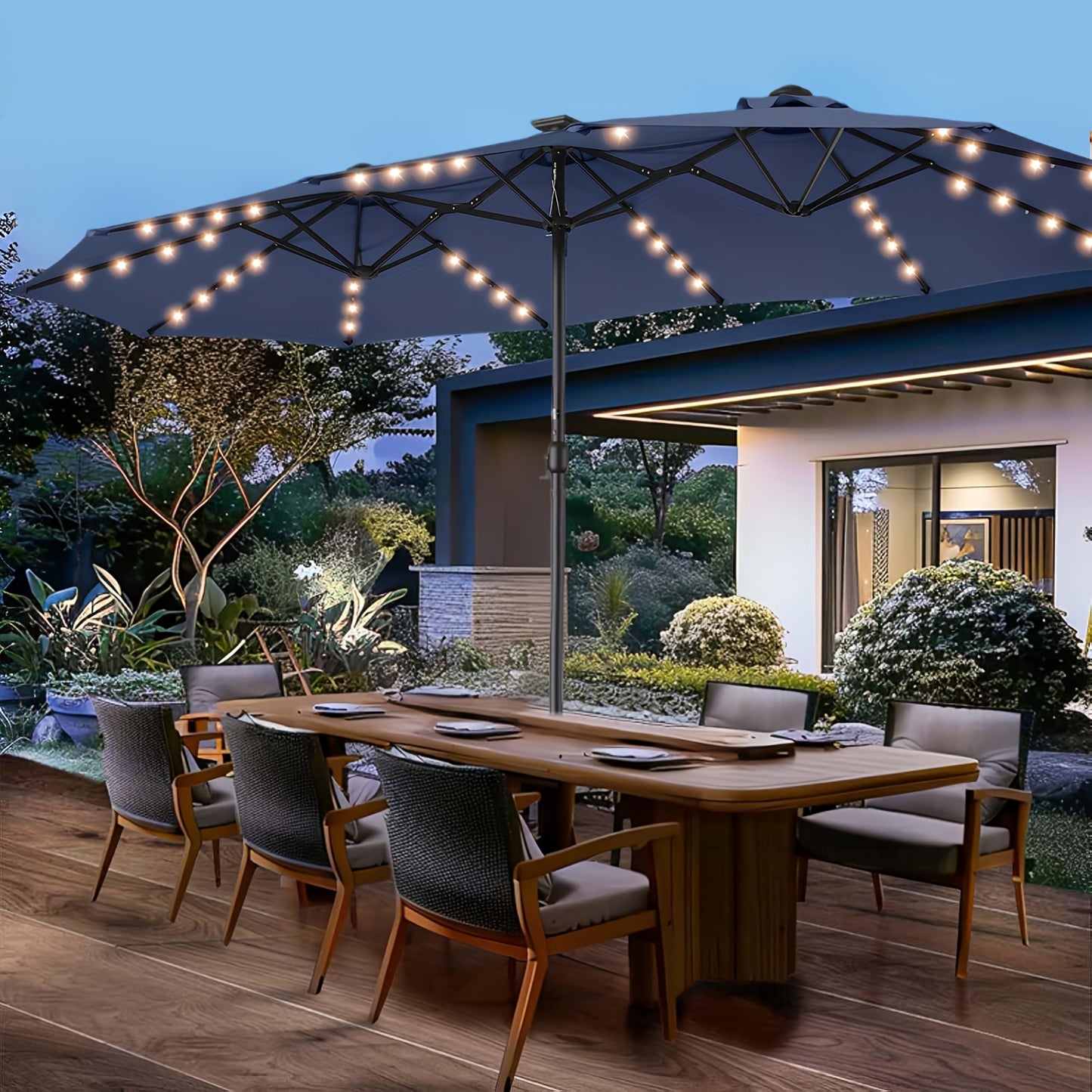15Ft Outdoor Double-Sided Patio Umbrella with Base And 48 Solar LED Lights Lit, 10 Hours of Lighting, Large Patio Umbrella with Crank Handle, Market Table Umbrella, Strong UV Protection, 12 Heavy-Duty Ribs, for Lawn Garden, Deck, Poolside