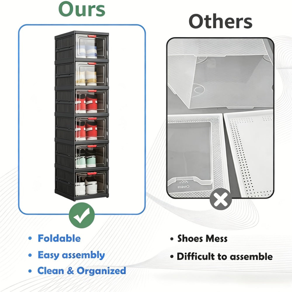Black Shoe Storage Cabinet 5/6 Tier Foldable Modular with Flip-Top Lid & Clear See-Through Window, Stackable Shoe Organizer for Entryway Closet Bedroom
