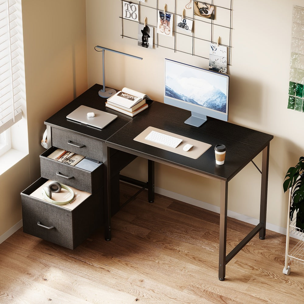 Computer Desk with 3 Fabric Drawers & Hook for Small Space – Home Office Writing Study Table with File Storage, 40"/48" White & Black Bedroom Desk
