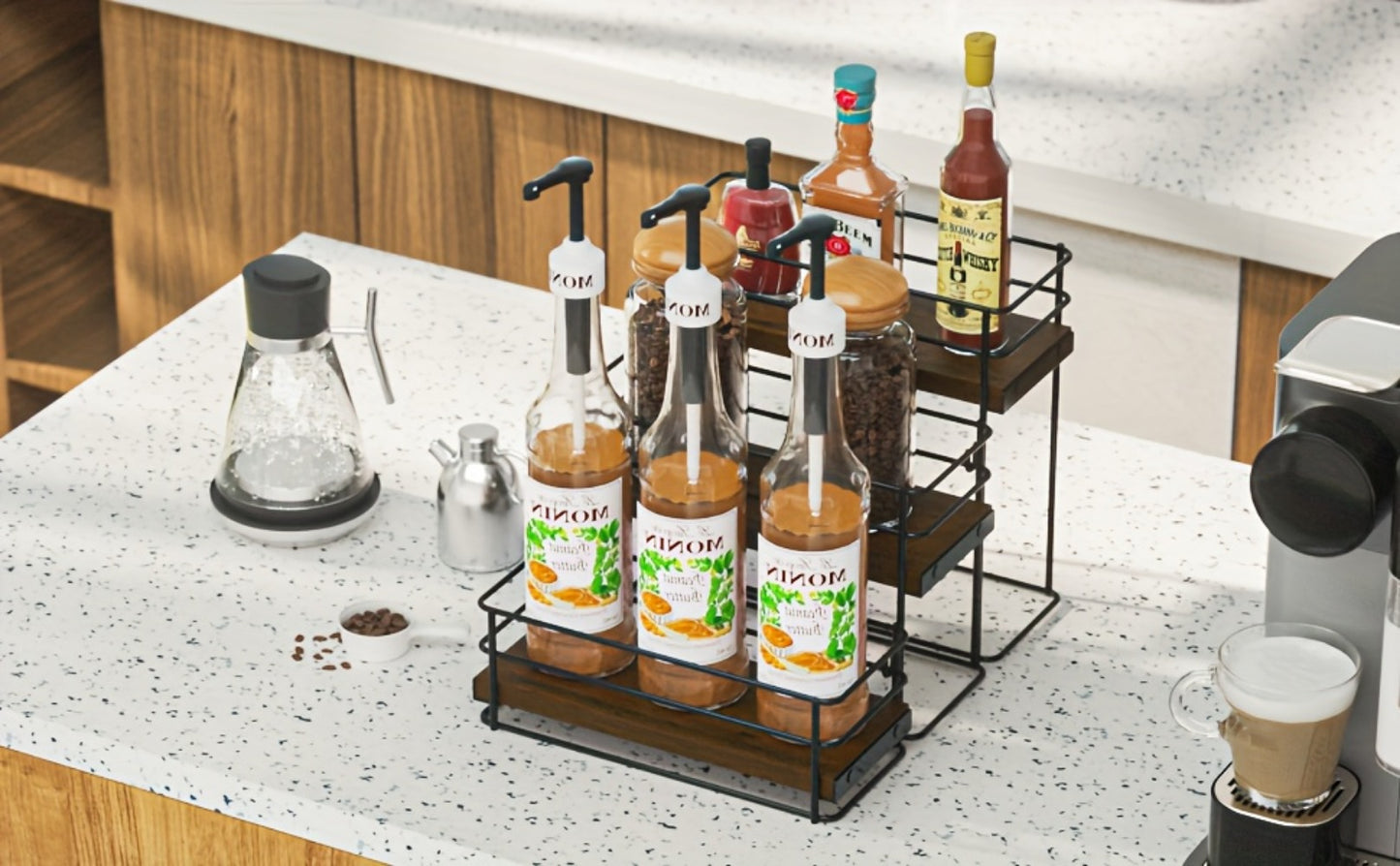 3-Tier Bottle Organizer Rack for Coffee Bar - Countertop Syrup Holder, Liquor Display Stand, No Assembly Required, Kitchen Storage Shelf
