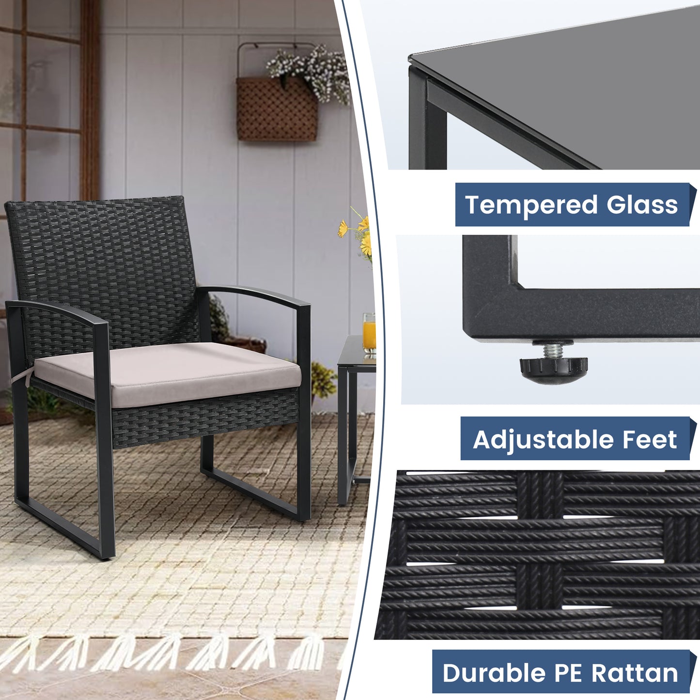 Outdoor Chairs with Bistro Table Furniture Set, Wicker Rattan 3pc Conversation Set includes 2 Waterproof Chairs with Thick Cushions and 1 Bistro Table with Safety Glass Top, Clearance