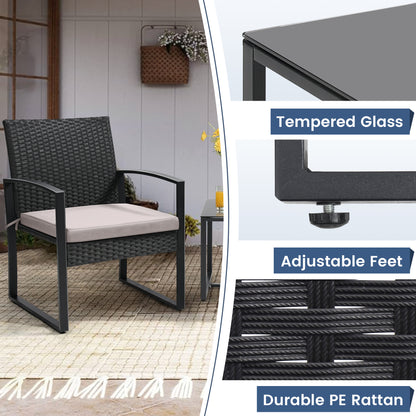 Outdoor Chairs with Bistro Table Furniture Set, Wicker Rattan 3pc Conversation Set includes 2 Waterproof Chairs with Thick Cushions and 1 Bistro Table with Safety Glass Top, Clearance