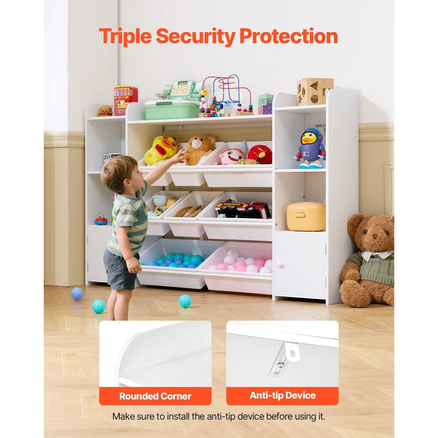 VEVOR 4-Tier Kids Toy Storage and Bookshelf with 8 Flexible Plastic Bins White 44-48inch/54-58inch
