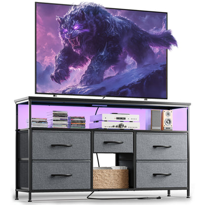 TV Stand Dresser with 5 Drawers, Entertainment Center for 50-Inch Television, Media Console Table with Power Outlets And LED Lights, Office Lockers, Open Shelf, Living Room