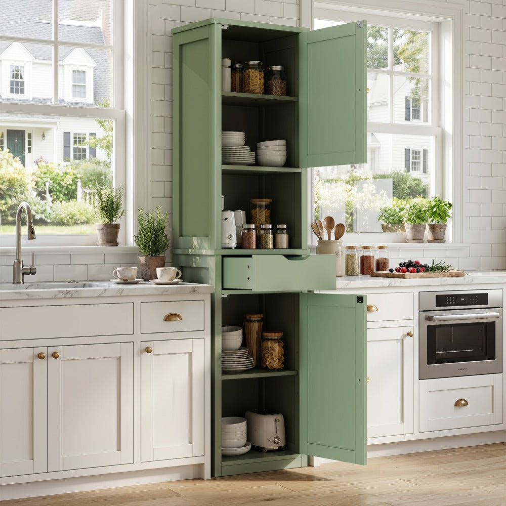 5-Tier Narrow Freestanding Storage Cabinet with 1 Drawer & 2 Doors White, Space-Saving Tower Shelf Floor Cabinet for Bathroom Kitchen Living Room Small Spaces
