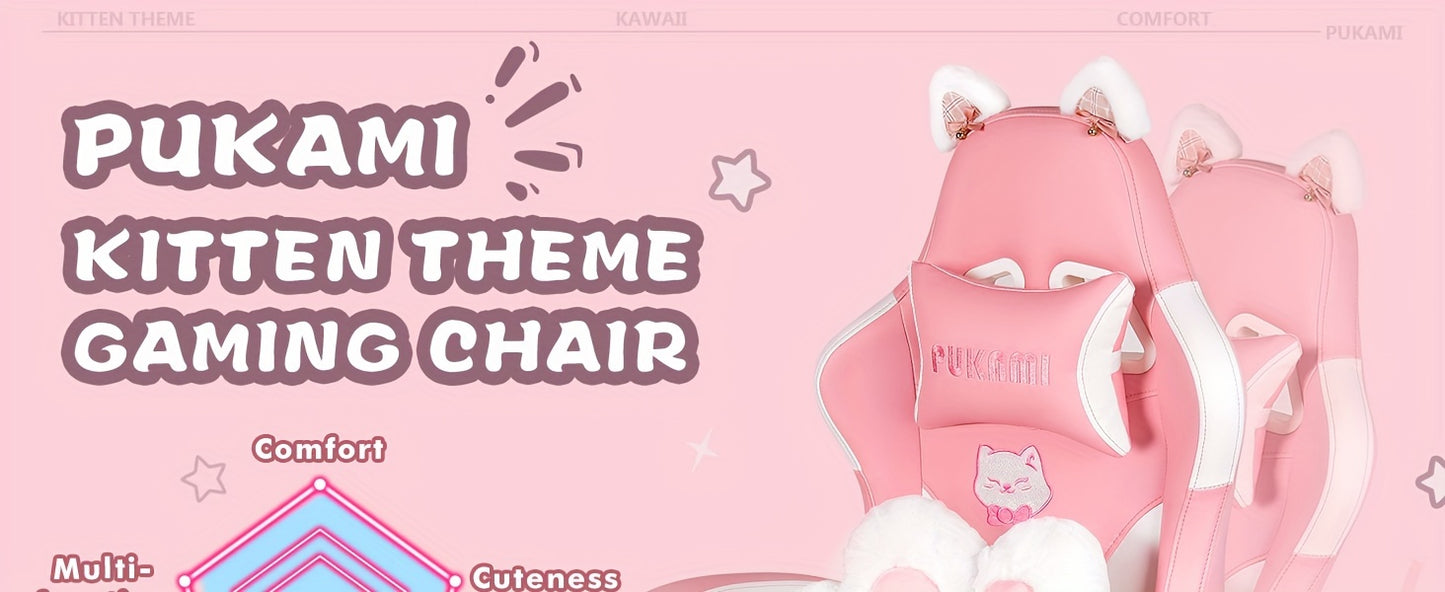 Gaming Chair with Cat Ears And Cat Paw Cushion Pillow, Cute Computer Chair for Girl with Footrest, Ergonomic Gamer Chair, Kawaii Gaming Chair, Reclining Game